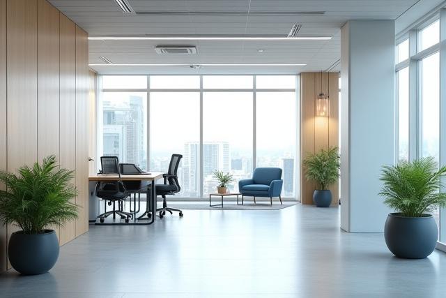 モダンでプロフェッショナルなオフィス内部。明るく広々とした空間で、創造性と協調性を促進するデザイン。